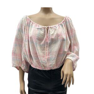 FORE Pink White Plaid Off-Shoulder Tunic Blouse Cropped Womens S